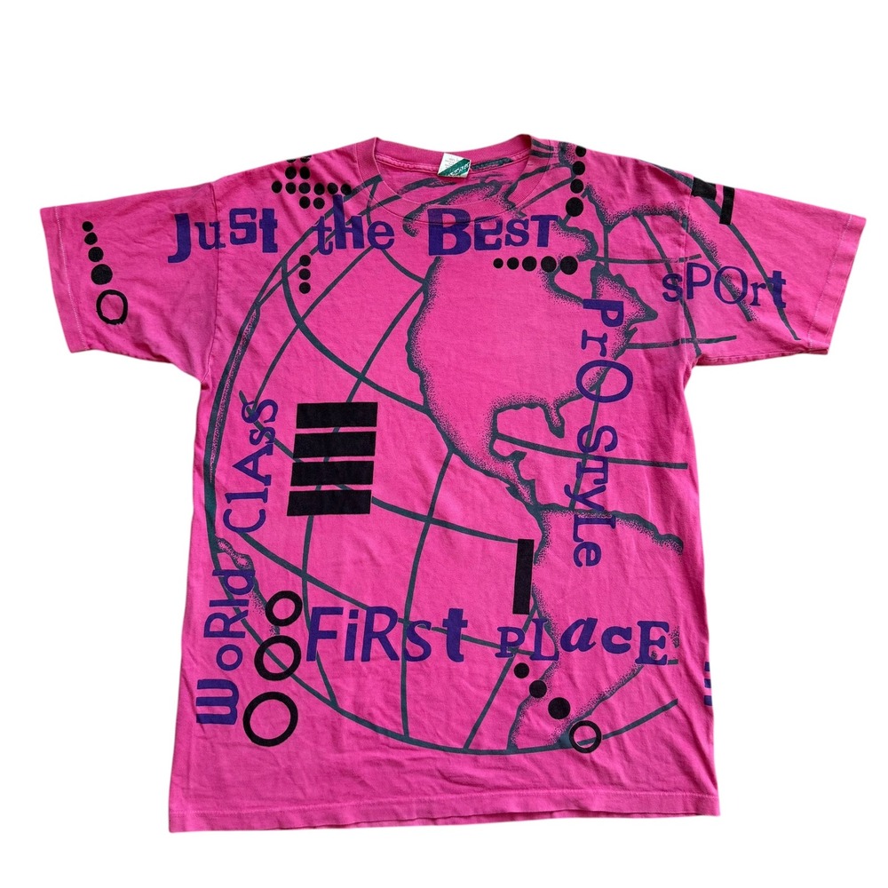 Vintage 90s Just The Best World Class Globe All Over Print Pink T-Shirt USA Made